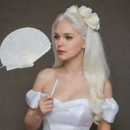 An enchanting Pomba Gira with long, white hair, and a white dress. She has a white rose tucked behind her ear, holding a white fan and a cigarette.