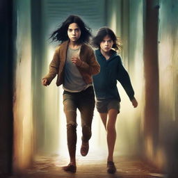 A book cover featuring a teenage girl with torn clothes and dark hair, running through a dark corridor alongside a tall teenage boy with brunette hair and dirty clothes