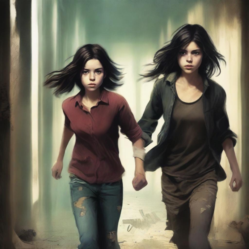 A book cover featuring a teenage girl with torn clothes and dark hair, running through a dark corridor alongside a tall teenage boy with brunette hair and dirty clothes