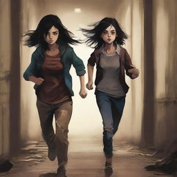 A book cover featuring a teenage girl with torn clothes and dark hair, running through a dark corridor alongside a tall teenage boy with brunette hair and dirty clothes