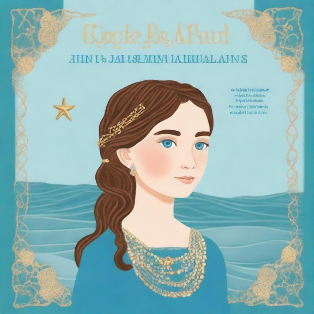 Design a cover of a book featuring a 13-year-old girl wearing a gorgeous, flowing sea blue dress embroidered with gold waves