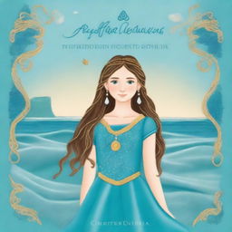 Design a cover of a book featuring a 13-year-old girl wearing a gorgeous, flowing sea blue dress embroidered with gold waves