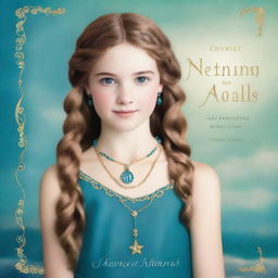 Design a book cover featuring a 13-year-old girl wearing a gorgeous, flowing sea blue dress embroidered with gold waves