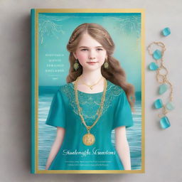 Design a book cover featuring a 13-year-old girl wearing a gorgeous, flowing sea blue dress embroidered with gold waves