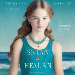 Design a book cover featuring a 13-year-old girl wearing a gorgeous, flowing sea blue dress embroidered with gold waves