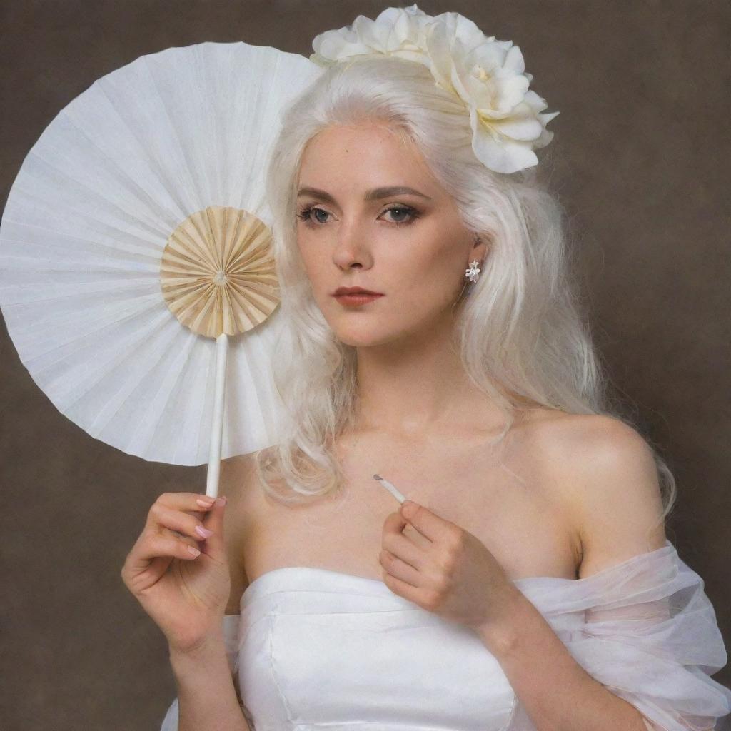 An enchanting Pomba Gira with long, white hair, and a white dress. She has a white rose tucked behind her ear, holding a white fan and a cigarette.