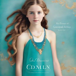 Design a book cover featuring a 13-year-old girl wearing a gorgeous, flowing sea blue dress embroidered with gold waves