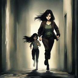 A book cover featuring a dark-haired girl with torn clothes, running through a dark corridor alongside a tall boy with brunette hair and a tail