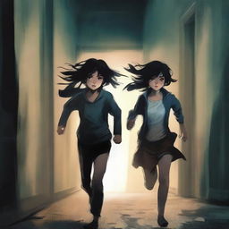 A book cover featuring a dark-haired girl with torn clothes, running through a dark corridor alongside a tall boy with brunette hair and a tail