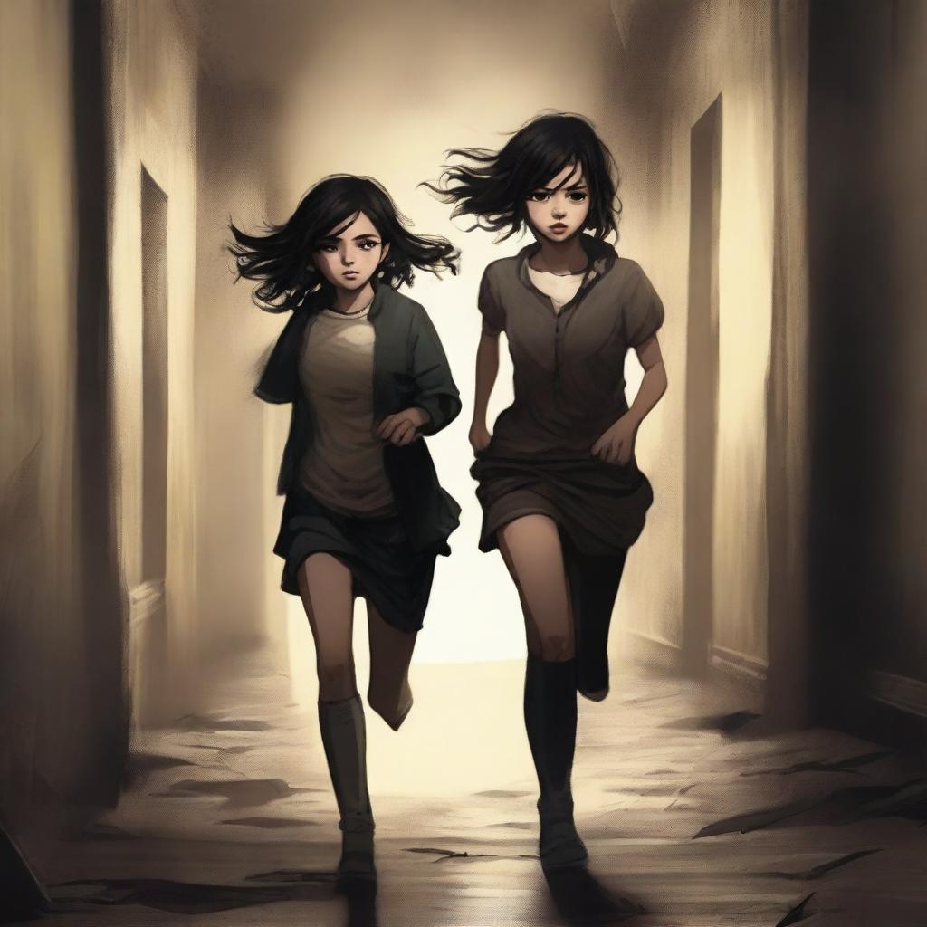 A book cover featuring a dark-haired girl with torn clothes, running through a dark corridor alongside a tall boy with brunette hair and a tail