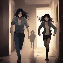 A book cover featuring a dark-haired girl with torn clothes, running through a dark corridor alongside a tall boy with brunette hair and a tail