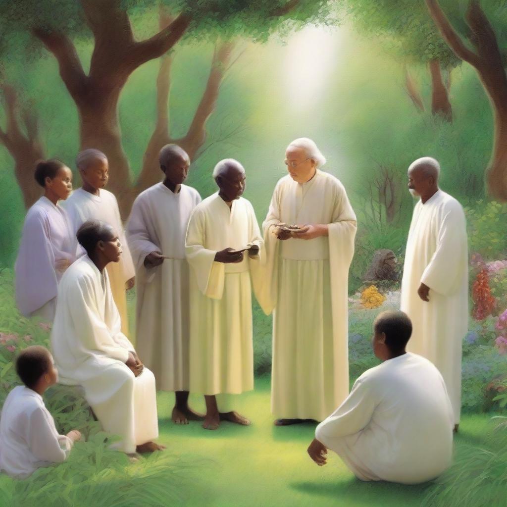 A serene and inspiring scene featuring young individuals being guided by a wise elder in a peaceful, lush garden