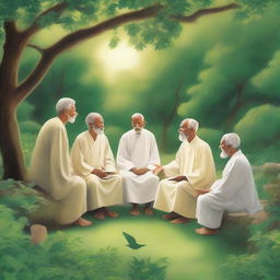 A serene and inspiring scene featuring young individuals being guided by a wise elder in a peaceful, lush garden