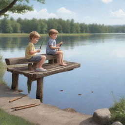 Two animated, simple-to-draw kids joyfully decorating an old fishing rod while sitting on a lakeside bench, creating a delightful cartoon scene perfect for a serene outdoor setting.