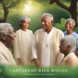 A serene and inspiring book cover image featuring young individuals being guided by a wise elder in a peaceful, lush garden