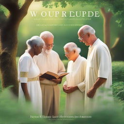 A serene and inspiring book cover image featuring young individuals being guided by a wise elder in a peaceful, lush garden