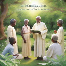 A serene and inspiring book cover image featuring young individuals being guided by a wise elder in a peaceful, lush garden