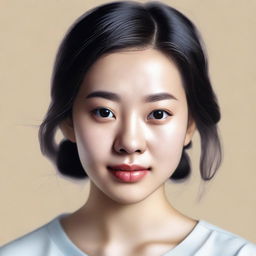 A realistic portrait of an Asian girl with detailed facial features, natural skin tones, and expressive eyes