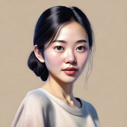 A realistic portrait of an Asian girl with detailed facial features, natural skin tones, and expressive eyes