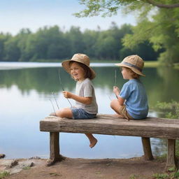 Two animated, simple-to-draw kids joyfully decorating an old fishing rod while sitting on a lakeside bench, creating a delightful cartoon scene perfect for a serene outdoor setting.