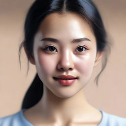 A realistic portrait of an Asian girl with detailed facial features, natural skin tones, and expressive eyes