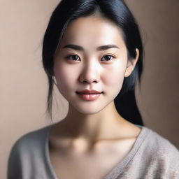 A realistic portrait of an Asian girl with detailed facial features, natural skin tones, and expressive eyes