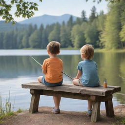 Two animated, simple-to-draw kids joyfully decorating an old fishing rod while sitting on a lakeside bench, creating a delightful cartoon scene perfect for a serene outdoor setting.