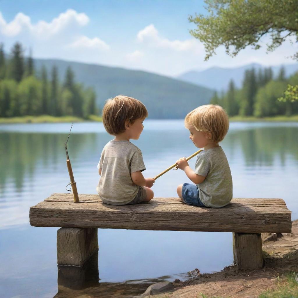 Two animated, simple-to-draw kids joyfully decorating an old fishing rod while sitting on a lakeside bench, creating a delightful cartoon scene perfect for a serene outdoor setting.