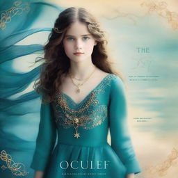 Design a captivating book cover for 'The Ocean’s Heir' featuring a 13-year-old girl wearing a gorgeous, flowing dress made of pure, sea blue silk, embroidered with gold waves