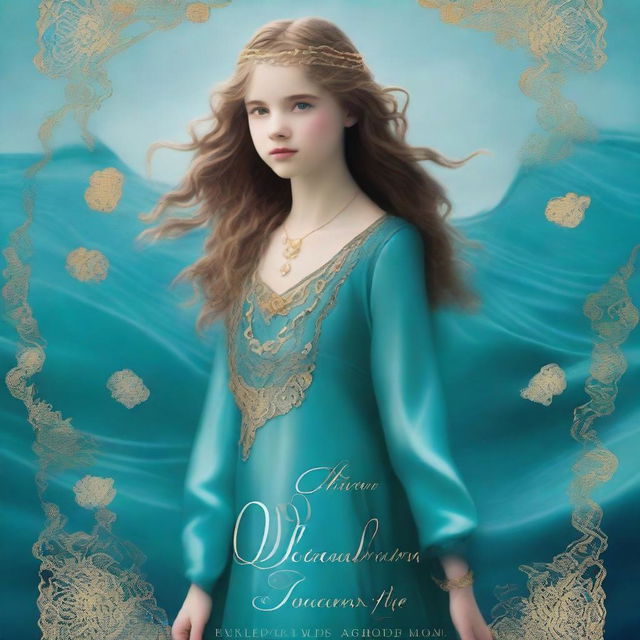 Design a captivating book cover for 'The Ocean’s Heir' featuring a 13-year-old girl wearing a gorgeous, flowing dress made of pure, sea blue silk, embroidered with gold waves