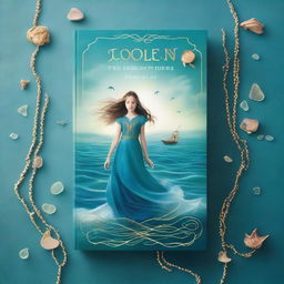 Design a captivating book cover for 'The Ocean’s Heir' featuring a 13-year-old girl wearing a gorgeous, flowing dress made of pure, sea blue silk, embroidered with gold waves