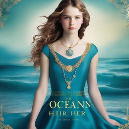 Design a captivating book cover for 'The Ocean’s Heir' featuring a 13-year-old girl wearing a gorgeous, flowing dress made of pure, sea blue silk, embroidered with gold waves