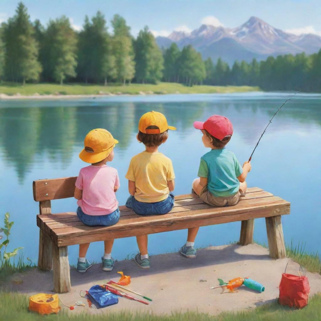 A simple, non-realistic cartoon image of two kids on a bench by the lake, happily decorating a fishing rod with colorful accessories, accentuating a playful, child-like atmosphere.