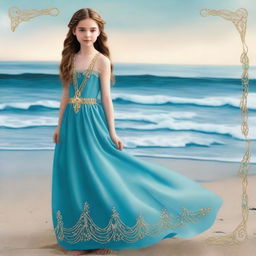 Design a captivating cover for 'The Ocean’s Heir' featuring a 13-year-old girl wearing a gorgeous, flowing sea blue dress embroidered with gold waves