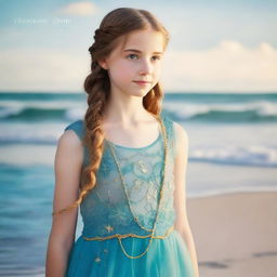 Design a captivating cover for 'The Ocean’s Heir' featuring a 13-year-old girl wearing a gorgeous, flowing sea blue dress embroidered with gold waves