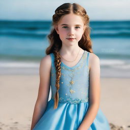 Design a captivating cover for 'The Ocean’s Heir' featuring a 13-year-old girl wearing a gorgeous, flowing sea blue dress embroidered with gold waves