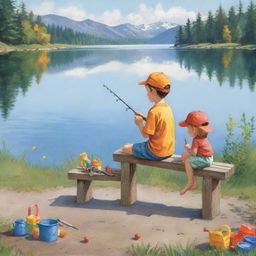 A simple, non-realistic cartoon image of two kids on a bench by the lake, happily decorating a fishing rod with colorful accessories, accentuating a playful, child-like atmosphere.