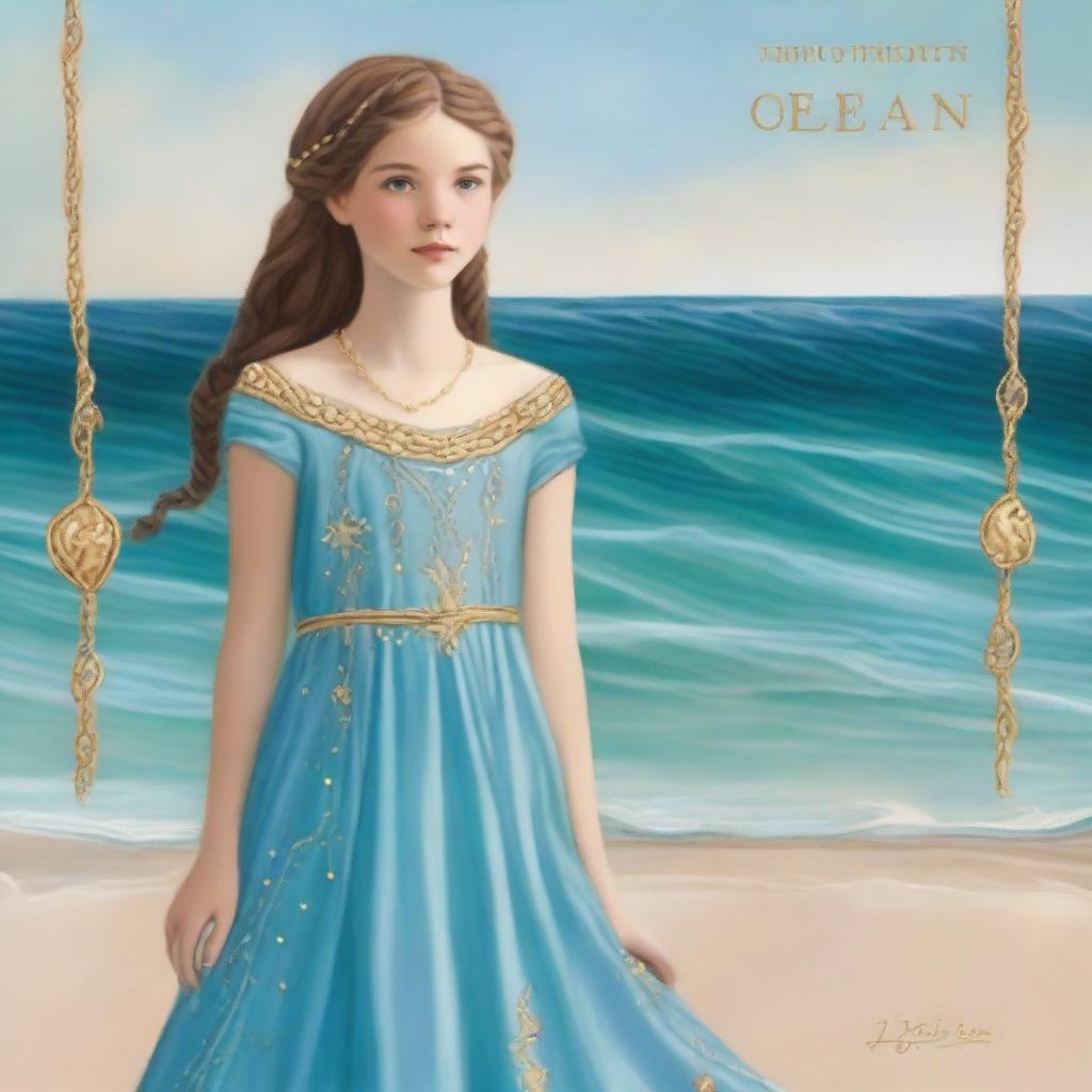 Design a captivating cover for 'The Ocean’s Heir' featuring a 13-year-old girl wearing a gorgeous, flowing sea blue dress embroidered with gold waves