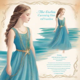 Design a captivating cover for 'The Ocean’s Heir' featuring a 13-year-old girl wearing a gorgeous, flowing sea blue dress embroidered with gold waves