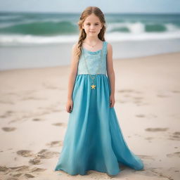 Design a captivating cover for 'The Ocean’s Heir' featuring a 13-year-old girl wearing a gorgeous, flowing sea blue dress embroidered with gold waves