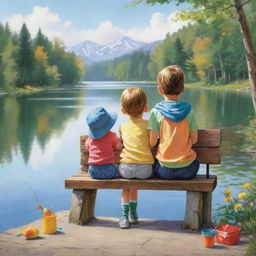 A simple, non-realistic cartoon image of two kids on a bench by the lake, happily decorating a fishing rod with colorful accessories, accentuating a playful, child-like atmosphere.