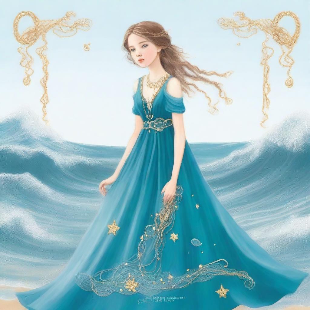 Design a captivating cover for 'The Ocean’s Heir' featuring a 13-year-old girl wearing a gorgeous, flowing sea blue dress embroidered with gold waves