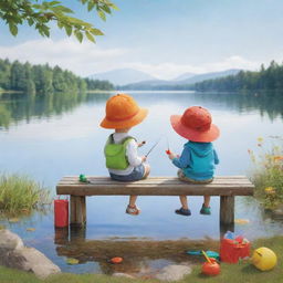 A simple, non-realistic cartoon image of two kids on a bench by the lake, happily decorating a fishing rod with colorful accessories, accentuating a playful, child-like atmosphere.