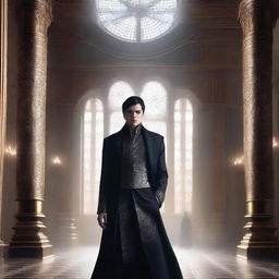 A noble character from the Mistborn series, dressed in elegant and elaborate clothing, standing in a grand and opulent hall with intricate designs and mist swirling around