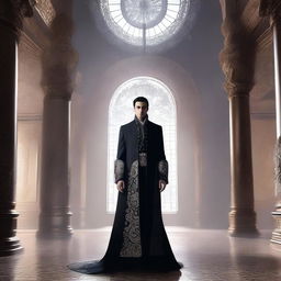 A noble character from the Mistborn series, dressed in elegant and elaborate clothing, standing in a grand and opulent hall with intricate designs and mist swirling around