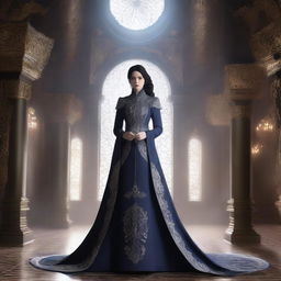 A noble character from the Mistborn series, dressed in elegant and elaborate clothing, standing in a grand and opulent hall with intricate designs and mist swirling around