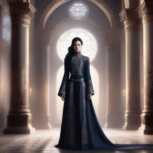 A noble character from the Mistborn series, dressed in elegant and elaborate clothing, standing in a grand and opulent hall with intricate designs and mist swirling around