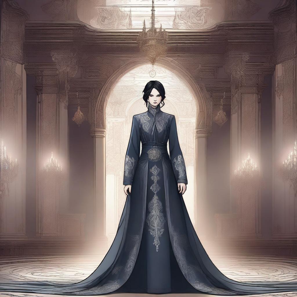 A noble character from the Mistborn series, dressed in elegant and elaborate clothing, standing in a grand and opulent hall with intricate designs and mist swirling around