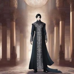 A noble character from the Mistborn series, dressed in elegant and elaborate clothing, standing in a grand and opulent hall with intricate designs and mist swirling around