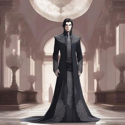 A noble character from the Mistborn series, dressed in elegant and elaborate clothing, standing in a grand and opulent hall with intricate designs and mist swirling around